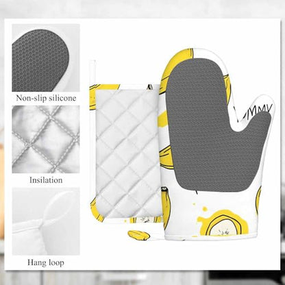Mxocom Banana with Slices Oven Mitts and Pot Holders Sets Yummy Yellow Banana Silicone Heat Resistant Kitchen Oven Gloves Pot Holder for Cooking - color: Banana With Slices