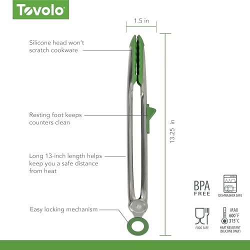 Tovolo Tongs With Silicone Tips Easy Grip 13” Long Kitchen Tongs Stainless Steel Handle For Cooking, Non Scratch Heat Resistant Locking Tongs Silicone Tipped Dishwasher Safe BPA Free, Pesto Green - color: Pesto