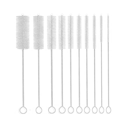 10-Piece Nylon Tube Cleaning Brush Set, Long Straw Brushes for Narrow Neck Bottles and Cups (White, 8 Inch)