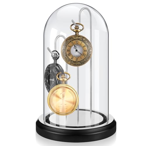 Beeveer 1pc 4x7 Pocket Watch Display Case 3 Hook Black Silver | Wooden Base Glass Dome Cloche, Stable Metal Holder, Hold Watches Medals Collectibles, Desktop Shelf Decor, for Collectors - color: Black Silver, size: 3 Hooks