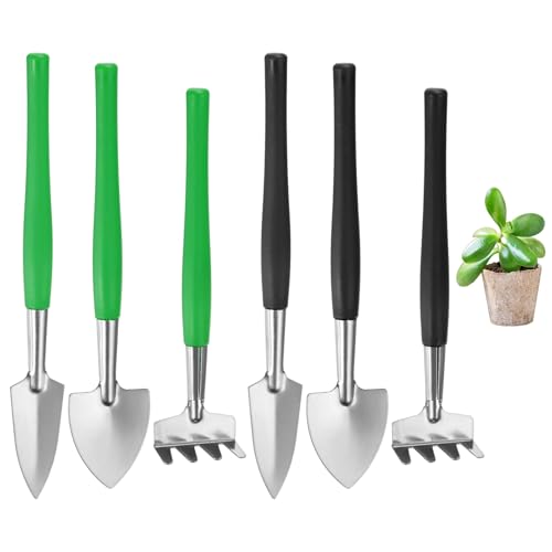 M METERXITY 2-Set Mini Gardening Tools, Stainless Steel Miniature Gardening Rake, Trowel, and Shovel for Seedlings/Bonsai/Succulents/Herbs/Terrariums and Planting [Green/Black] - color: Green/Black