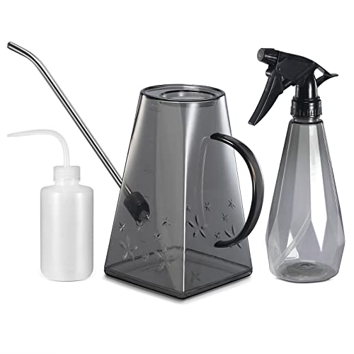 Goowin Watering Can Indoor Plants, 47 oz Long Spout House Plant Flower Watering Can, Creative Wide Opening Plastic Watering Can with 16 oz Spray Bottle & 8.5 oz Squeeze Bottle, Grey - color: Gray