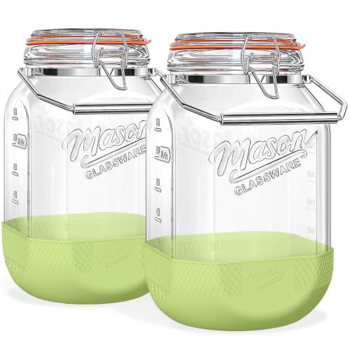 1 Gallon Glass Jars with Lids, Large Mason Jars with Handle & Silicone Base | 2 Pack Wide Mouth Mason Jars, Airtight Seal, Glass Storage Container for Sun Tea, Pickling, Flour Sugar, Kombucha - size: Large