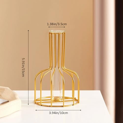 Metal Glass Plant Vase with Stand, Modern Decorative Glass Tube Planter for Tabletop, Home or Office Water Display Flower Vase