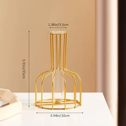 Metal Glass Plant Vase with Stand, Modern Decorative Glass Tube Planter for Tabletop, Home or Office Water Display Flower Vase