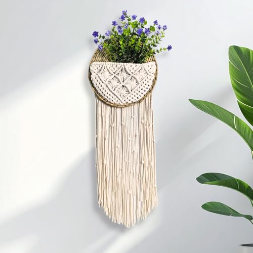Macrame Wall Basket with Purple Eucalyptus Camellia, Macrame Plant Hanger, Hanging Planter Basket Holder, Boho Wall Decor, Garden Balcony Flower Holder, Home Decor Gift, 10" 31", Cotton Cord