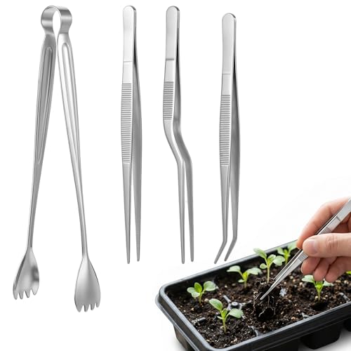 4Pc Seedling Transplant Tongs- Stainless Steel Plant Tweezers For Succulent | Long Garden Tweezers For Plants Seed Starter With Straight & Curved-tip- Planting Tool Stuffer Supplies, Reduce Root Damage