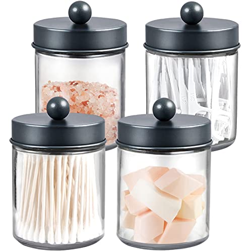 Amolliar Glass Apothecary Jar Qtip Holder Metal Lids 4pc/Grey | Bathroom Decor Countertop Vanity Storage Organizer Set for q tip holder,Cotton Swabs/Rounds,Makeup Sponges,Cute Stickers - color: Grey