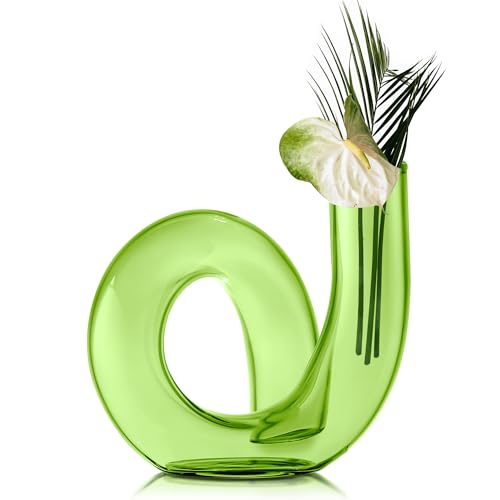 Joeyan Handmade Small Green Glass Flower Vase,Decorative Geometric Glass Bud Vase for Modern Home Centerpieces Living Room Office,4.72" Abstract Vase for Single Flower and Dry Flowers - color: Green