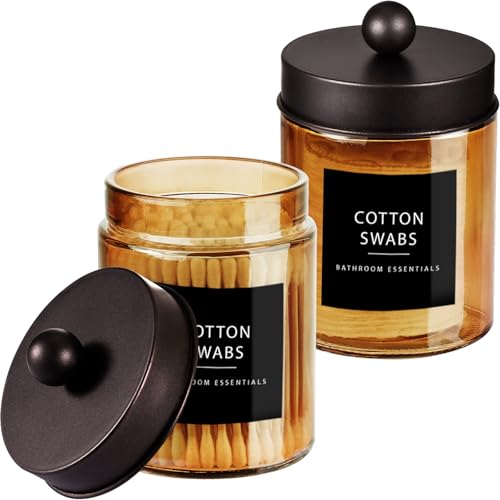 Amolliar Bronze Amber Glass Apothecary Jar, Qtip Holder Jar, Bronze 2 Pack | Bathroom Canister With Metal Lid, Q tip Dispenser Holder for Cotton Balls, Cotton Swabs, Floss Picks, Vanity Makeup Organizer - color: Bronze, size: 2 Pack