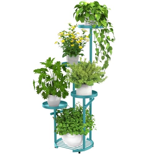 TOSKING Tall 5-Tier Round Metal Corner Plant Stand Indoor, Anti-Tip, Blue | 37.7-Inch Height, Space-Saving Design, Heavy-Duty Construction, Vertical Multi-Plant Display, Outdoor Ready, Adjustable Feet - color: Blue, size: 5tier Rd