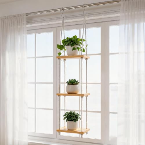 Window Plant Shelves, 3-Tier Window Shelf for Plants, Hanging Plant Shelf for Windows, Painted Wood Window Sill Shelf for Plants, Macrame Plant Hanger, Boho Decor for Living Room Bedroom Wall