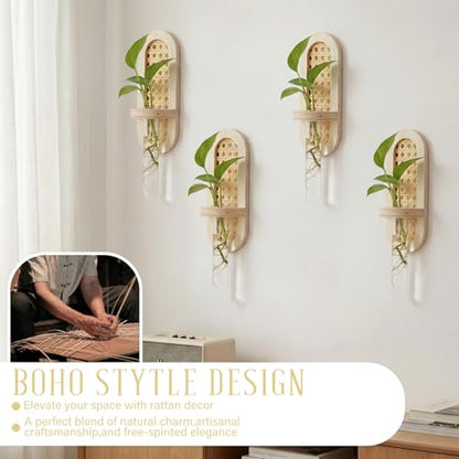 4 Pcs Wooden Rattan Wall Propagation Vases 8 Inch Wood Wall Vase Set Natural Boho Hanging Plant Flower Display for Hydroponics Plants Home Office Living Room Decor