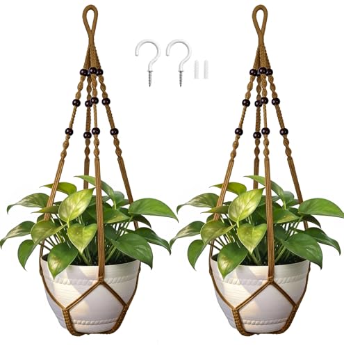 Macrame Plant Hanger, Up to 4-15 inch Pots, Wood Beads Cotton Hanging Planter Holder for Indoor Outdoor Boho Home Decor, 35 Inch, Set of 2 (Brown) - color: Brown
