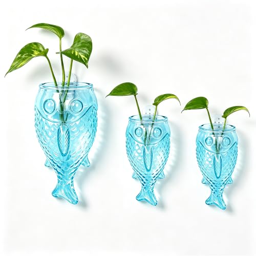 Wall Hanging Propagation Station: 3 PCS Blue Fish Shaped Glass | Plant Terrarium Vases, Home Office Desk Decor, Unique Gifts for Women Mom - color: Blue