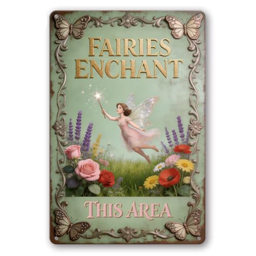 Vintage Garden Metal Signs, Funny Outdoor Wall Decor 8"x12" | Weatherproof Aluminum Sign for Patio Yard Greenhouse, Gift For Gardeners, Fairies Enchant This Area - color: Fairies Enchant This Area 2