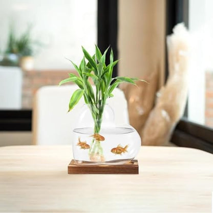 Hydroponic Vase for Indoor Plants with Wooden Base Water Propagation Station Glass Plant Display Terrarium Container