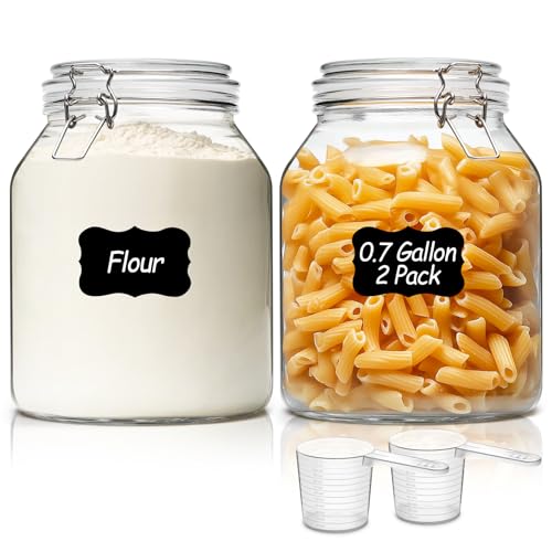 ComSaf Glass Pantry Jars with Airtight Lids 0.7 Gal 2 Pack Wide Mouth Flour | BPA-free food-grade glass, wire clamp seal, wide mouth, 88 oz, bulk flour & sugar, rice, sourdough starter, candy & cookie - size: 88oz*2