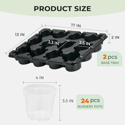 homenote 2 Pack 12 Cell Seed Starter Trays with 24 Clear 4 Inch Plant Pots | Reinforced trays securely hold clear pots with multi-hole drainage for easy root monitoring and healthier seedling growth. - size: 4 Inch, style: 2 Pack Seed Starter Tray+Nursery