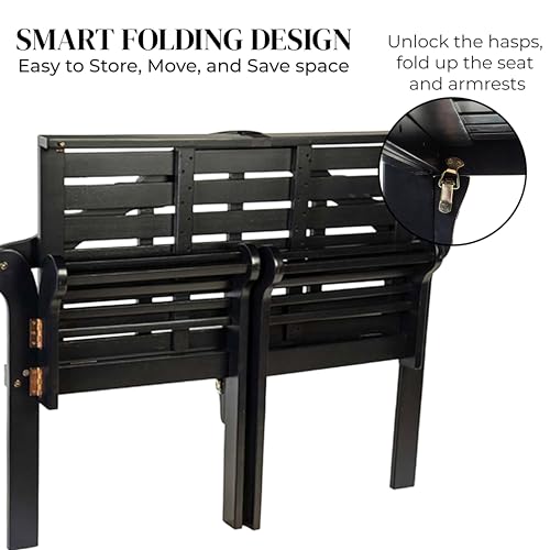 Plow & Hearth Weatherproof Lutyens Eucalyptus Wood Garden Bench | Foldable Patio Bench | Outdoor Furniture Seating for Porch Park Deck | Black - color: Black