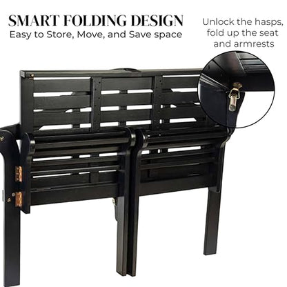 Plow & Hearth Weatherproof Lutyens Eucalyptus Wood Garden Bench | Foldable Patio Bench | Outdoor Furniture Seating for Porch Park Deck | Black - color: Black
