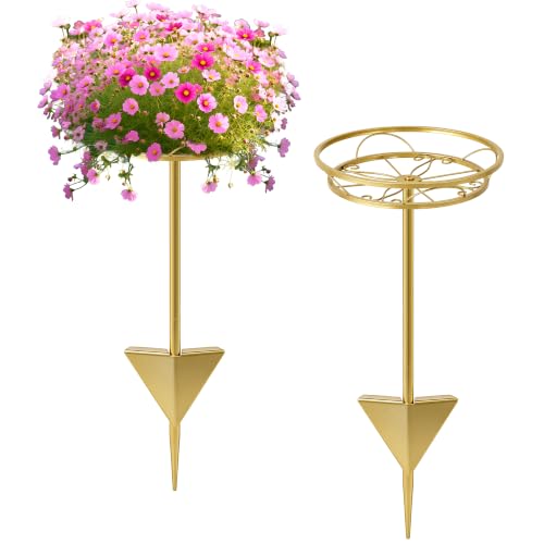 Tellingyou 2 Pack Adjustable Outdoor Flower Pot Stand, Plant Stands(Gold) | Metal, Spring Summer Versatile Plant Stand, Garden Stake for Display Plants, Elegant Solution for Landscaping Decor - color: Gold