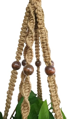 1 PCS 6 Legs Macrame Plant Hanger Jute Double Tiers Plant Hanger & Plant Holder with 6 pcs Round Brown Wood Bead, Hanging Planter 65-inches for 8 inch and 10 Inch Plant Pot (Without Pot)