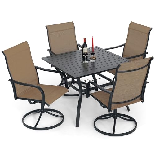 Anmutig Outdoor Dining Set for 4, 35" Square Table & 4 Swivel Chairs, Brown | Weather-Resistant Textilene, Powder-Coated Steel Frame, Umbrella Hole, Easy Assembly, Balcony, Garden, Backyard, Poolside - color: Brown, size: Table-35"*35", style: Arm Style1