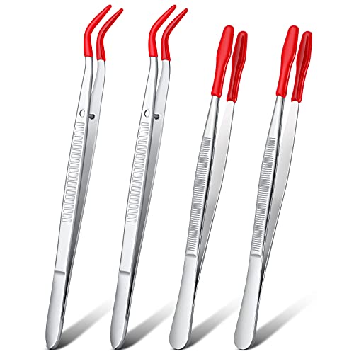 2 Pieces Bent Tip Tweezers with Rubber Tips PVC Coated and 2 Pieces Tweezers Rubber Coated PVC Soft Non Marring Flat Tips Lab Hobby Jewelry Craft Stainless Steel Tool(Red) - color: Red