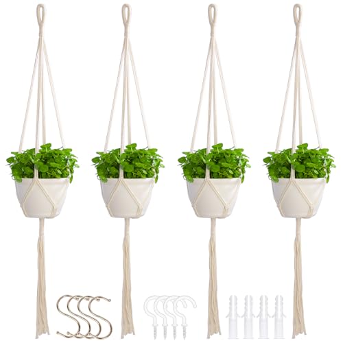4 Pack Macrame Plant Hangers Indoor Set Large Crochet Hanging Holder, Ivory - color: Ivory