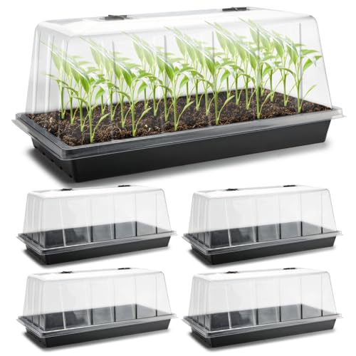 1020 Seed Starting Trays with Tall 7.3" Humidity Dome, No Hole, 5-Pack | Heavy Duty Plant Tray with High Lid for Taller Seedlings, Large Seed Growing Kit, Mini Greenhouse for Indoor Seed Germination - size: 5p 1020Trays+7.3''Domes