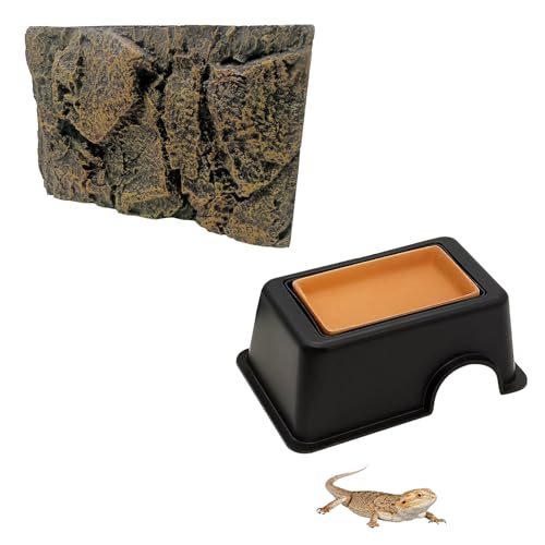 Rock Terrarium Background (18" L*11" W*1" H) &2 Pack Reptile Food Bowl (4" D*1" H)