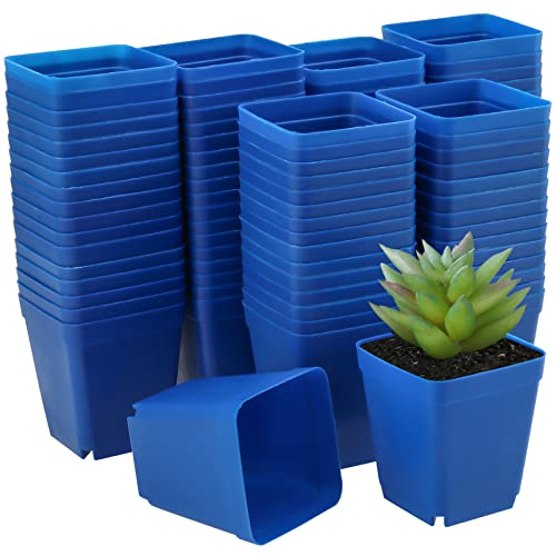 FUNSUEI 100 Pack 2.7 Inch Square Nursery Pot, Plastic Nursery Pots, Plant Starting Planter with Drainage Holes, Small Flower Planting Container Pot for Germination, Transplantation, Blue
