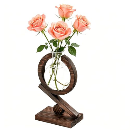 Glass Plant Propagation Station with Wooden Stand, Dark Burnt Wood - color: Dark Burnt Wood