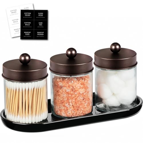 SheeChung 3 Pack Glass Apothecary Jars with Acrylic Vanity Tray | Bathroom Jars with Lids Set with for Qtip, Cotton Ball, Floss Picks - Modern Industrial Style - Bathroom Organizer (Bronze) - color: Bronze+SS Lid