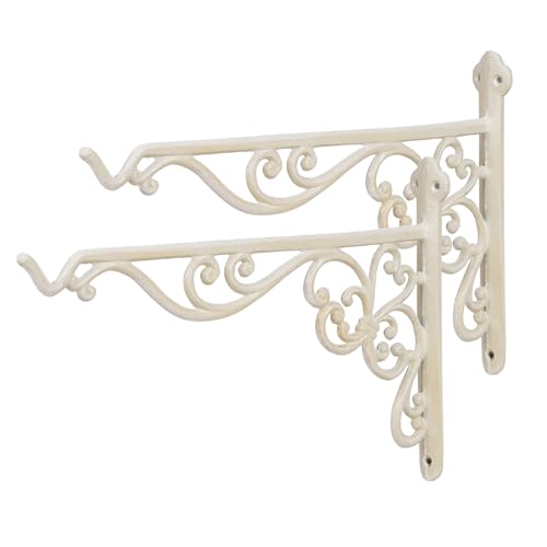 Sungmor Decorative Cast Iron Hanging Bracket, 2 Pack 15.6in Hangers, White | Thickened Outdoor Metal Plant Hangers, Vintage Scroll Design for Signs, Planters, Lanterns, Bird Feeders - color: Antique White - 15.6 inch
