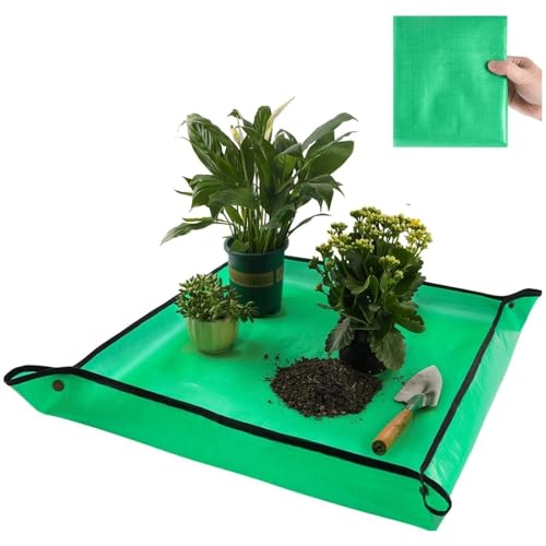 Repotting Mat for Indoor Plants, Green, Thickened PE, 26.8x26.8 Inch, Waterproof Portable Potting Tray for Transplanting and Dirt Control