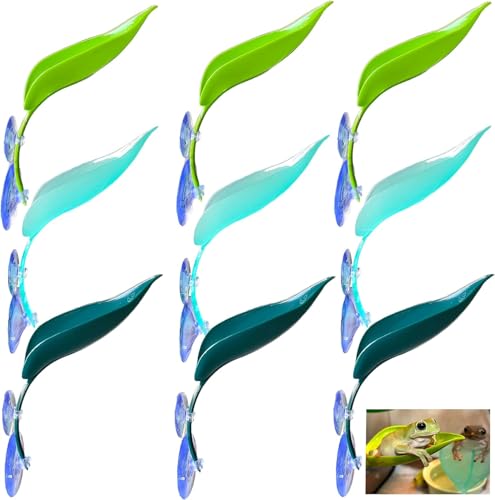 9-Pack Plastic Leaf Decor Decorations with Suction Cups, Reptile Basking Platform for Terrarium Frog Tank, Habitat Climbing Resting Area for Tree Frogs, African Dwarf Frogs, Toads, Turtles and Lizards