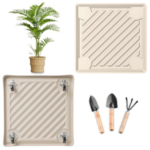 13.3" SquarePlant Caddy Beige with Hidden Wheels & Garden Tools Set | 1-Pack 280 LBS Heavy Duty Plant Caddy with 360° Silent Wheels for Large Planters & Heavy Items Indoors/Outdoors - size: 13.38 Inch - Beige (1 Pcs)
