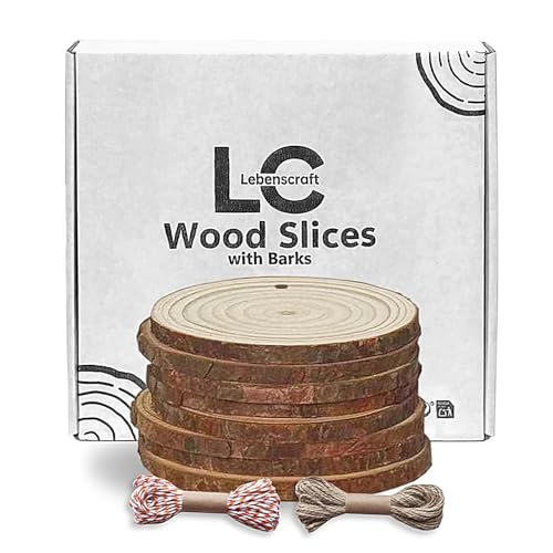 Wood Slices 4 Inch (3.5-4.0") Discs Ornaments for Crafts | 8 Pcs Bulk,with Holes,unfinished natural wooden rounds,with bark - size: 8 PCS PRE-DRILLED