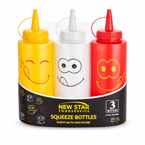 New Star Foodservice Condiment Squeeze Bottle Set, 12 Oz, Plastic, Smiley Face Design + Caps, Red, Yellow and Clear, 3-Pack