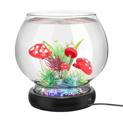 hygger 0.5 Gallon/1 Gallon Glass Fish Bowl with LED Light and Decor, Small Round Betta Fish Tank Goldfish Bowl, Round Clear Unbreakable Aquarium/Vase/Hydroponic Plant Terrarium, Nice Centerpieces - size: 0.5 Gallon Fish Bowl with Mashroom