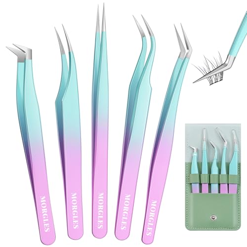 MORGLES 5 PCS Lash Tweezers Set for Eyelash Clusters | High-Precision Eyelash Tweezers Kit for Lash Extensions with Leather Case, Made for Working Artists & Beginners - color: Green