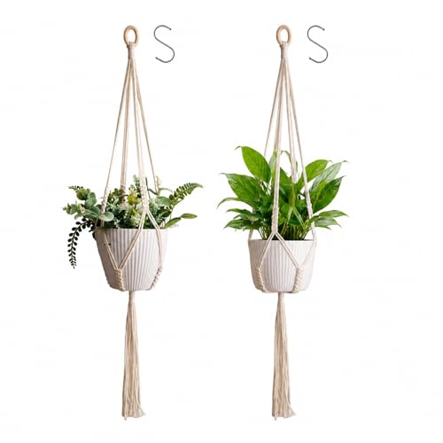 Artilady Macrame Plant Hanger Indoor,Boho Hanging Planter Holder for Window | Plant Holder with Hook, Hanging Baskets for Outdoor Window Balcony Living Room, Farmhouse Rustic Wall Decor, 2Pack - color: Beige Strings