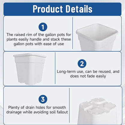 WFLNHB 1 Gallon 10 Pcs Square Plastic Plant Pots Flexible Nursery Pot Planter Nursery Pots Suitable for Flower Vegetables Succulents White - color: White, size: 1 Gallon-10 Pcs