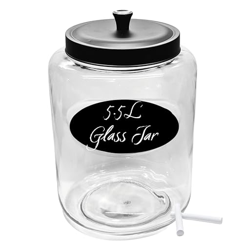 ICE N COLD Kitchen and Laundry Storage Glass Jar – Wide Mouth Round Glass Storage Container with Black Steel Lid and Chalkboard Label - 2 Sticks of Chalk Included (1, 5.5L | 186oz | 1.5 Gallon)