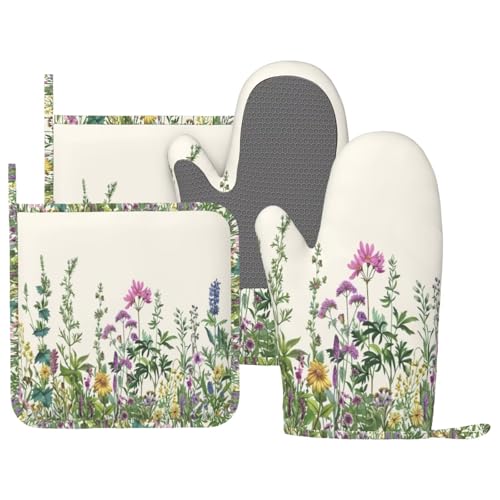 Herbs and Wild Flowers Oven Mitts and Pot Holders for Heat Resistant Botanical Floral Silicone Oven Mittens and Potholders Gloves Hot Pads for Kitchen Cooking Baking Grilling BBQ - color: Green
