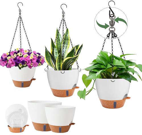 Heybe 3 Pack Self Watering Hanging Planters with Swivel Hanging Chains 20 Inches, 10/9/8 Inch Pots for Indoor Outdoor Plants, White - size: 10/9/8 Inch