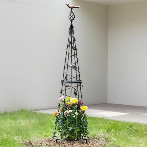 Garden Obelisk 41" Metal Trellis - Sturdy Support for Roses & Vines | Decorative Rose Bushes & Tall Vines with Birds & Leaves - Ideal Garden Decor & Unique Indoor Plant Accessories for Women - size: 41" x 10"