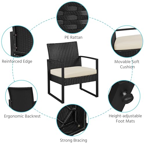 Yaheetech 3 Pieces Rattan Bistro Set, Outdoor Wicker Patio Modern Conversation Furniture, 2 Chairs & Tempered Glass Coffee Table for Garden, Balcony, Backyard, Poolside, Black/Beige - color: Black/Beige